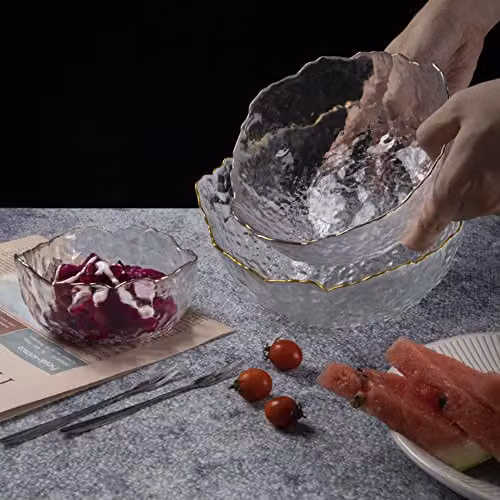 Eden & Willow Set of 3 Transparent Glass Serving Bowls with Gold Rim – 6
