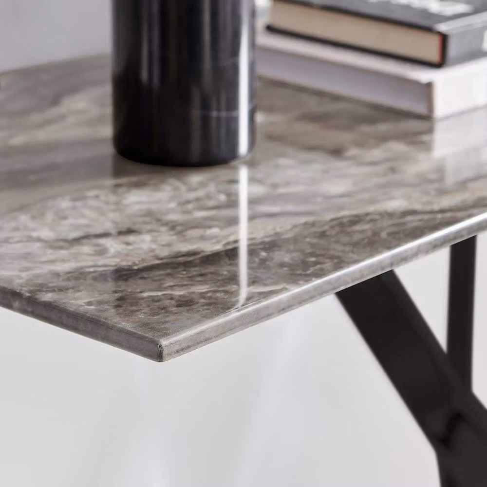FurnitureboxUK Leonardo Rectangular Marble Effect Glass Top Console Table with Black Metal Starburst Legs in Grey – 2