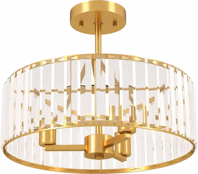 HOMCOM Modern Crystal Ceiling Light Fixture, Gold Tone Semi Flush Mount Chandelier with 3-Lights and E14 Base, W/D/H: 39 x 32 x 32 cm – 1