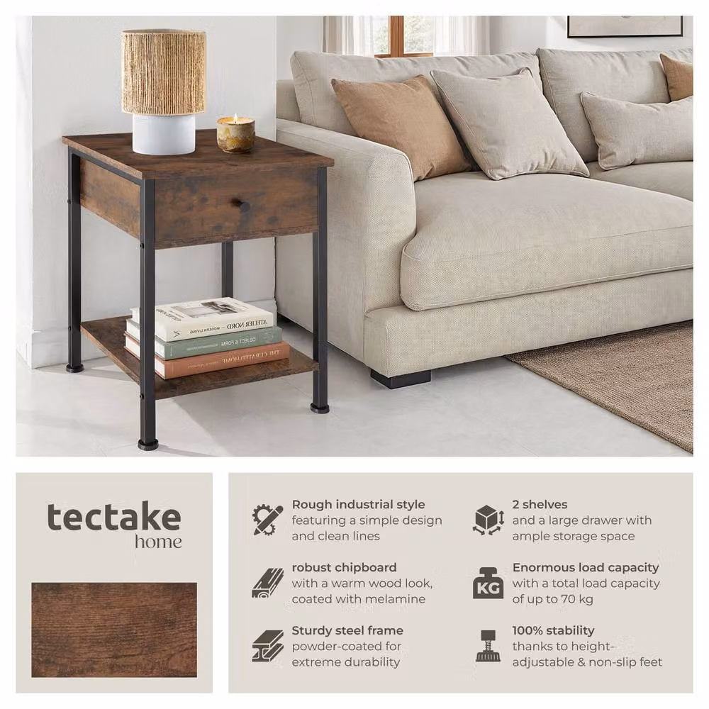 tectake Bradford Bedside Table with Single Drawer in Brown – 2
