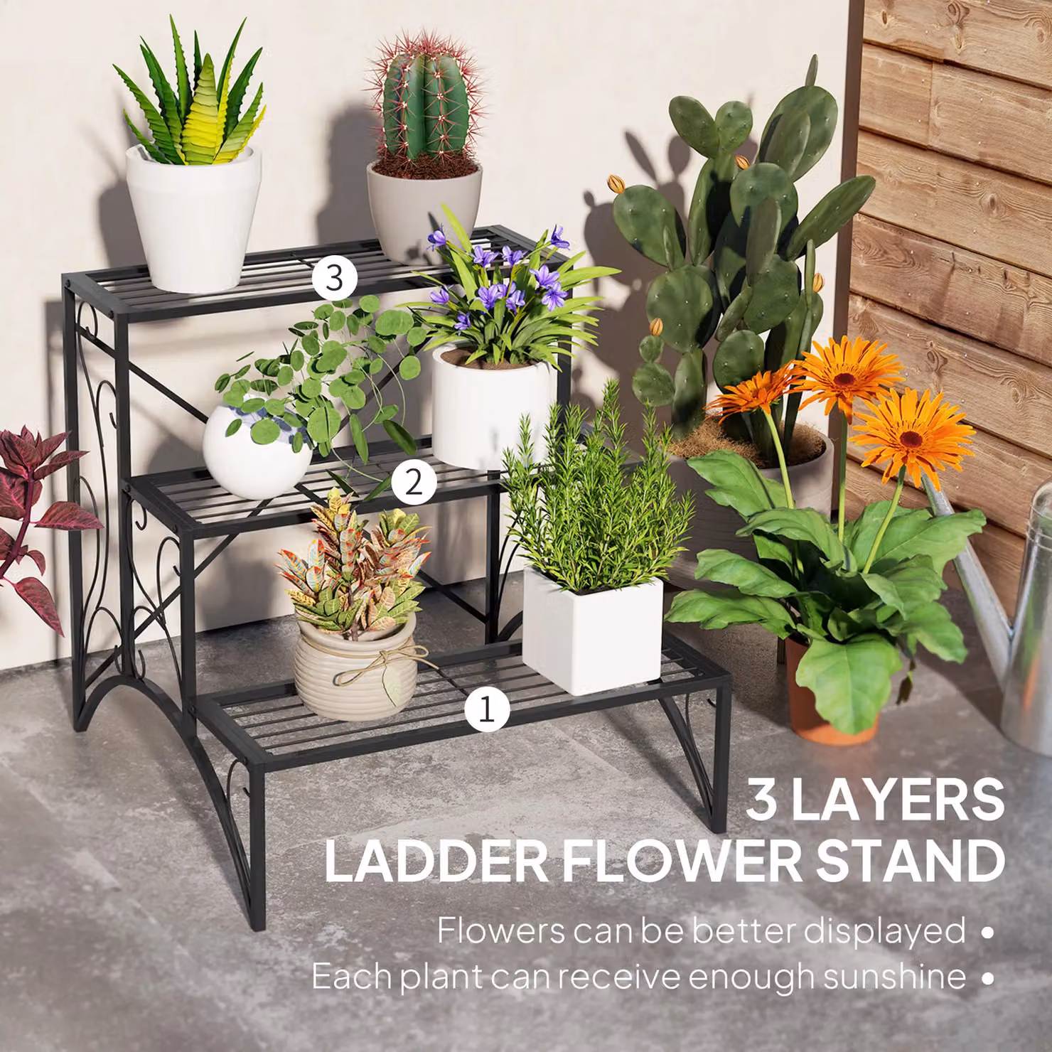 OUTSUNNY 3-Tier Metal Plant Stand, Black, W/D/H: 60 x 60 x 60 cm – 3