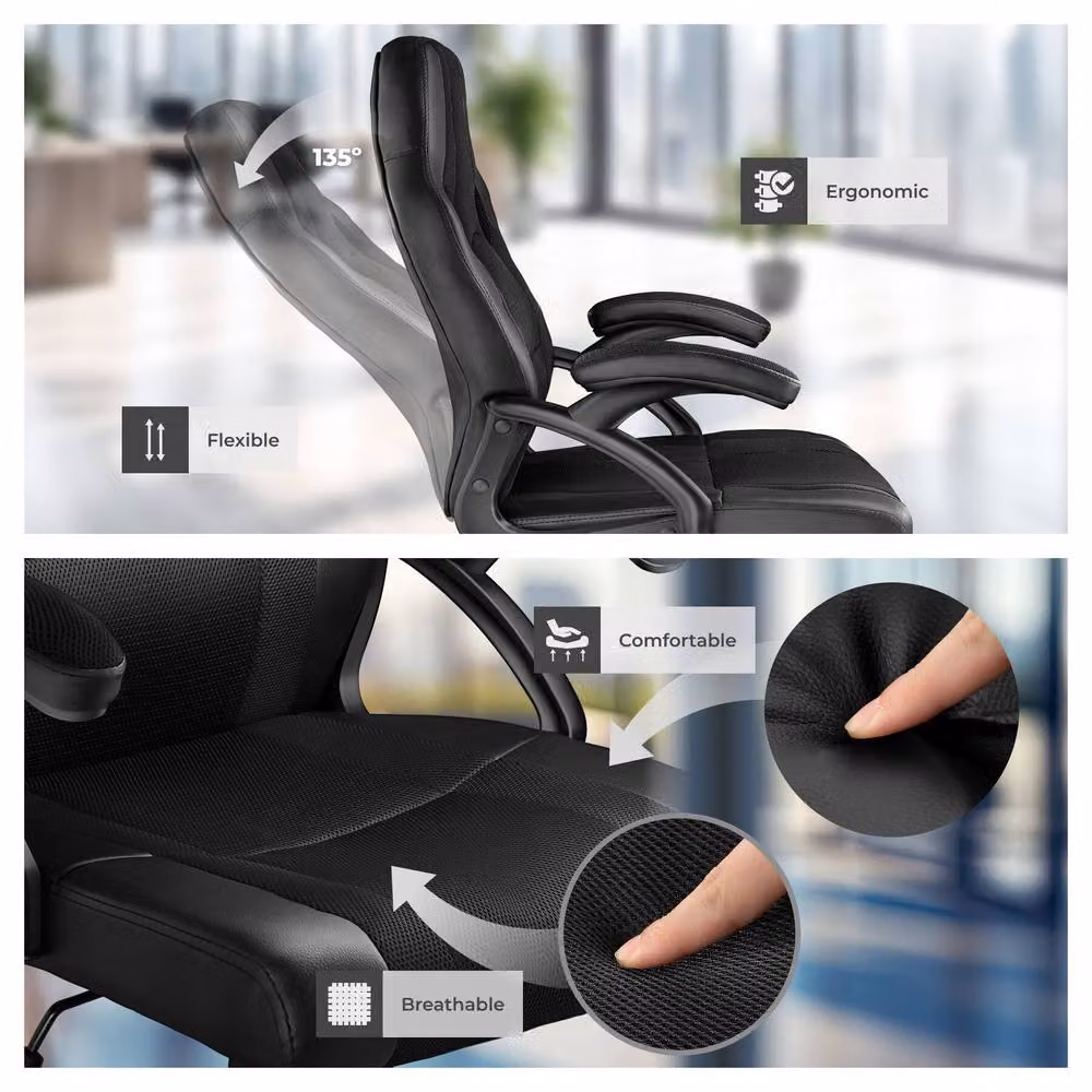 tectake Benny Gaming Chair in Black Fabric with Armrests and Swivel Function – 8