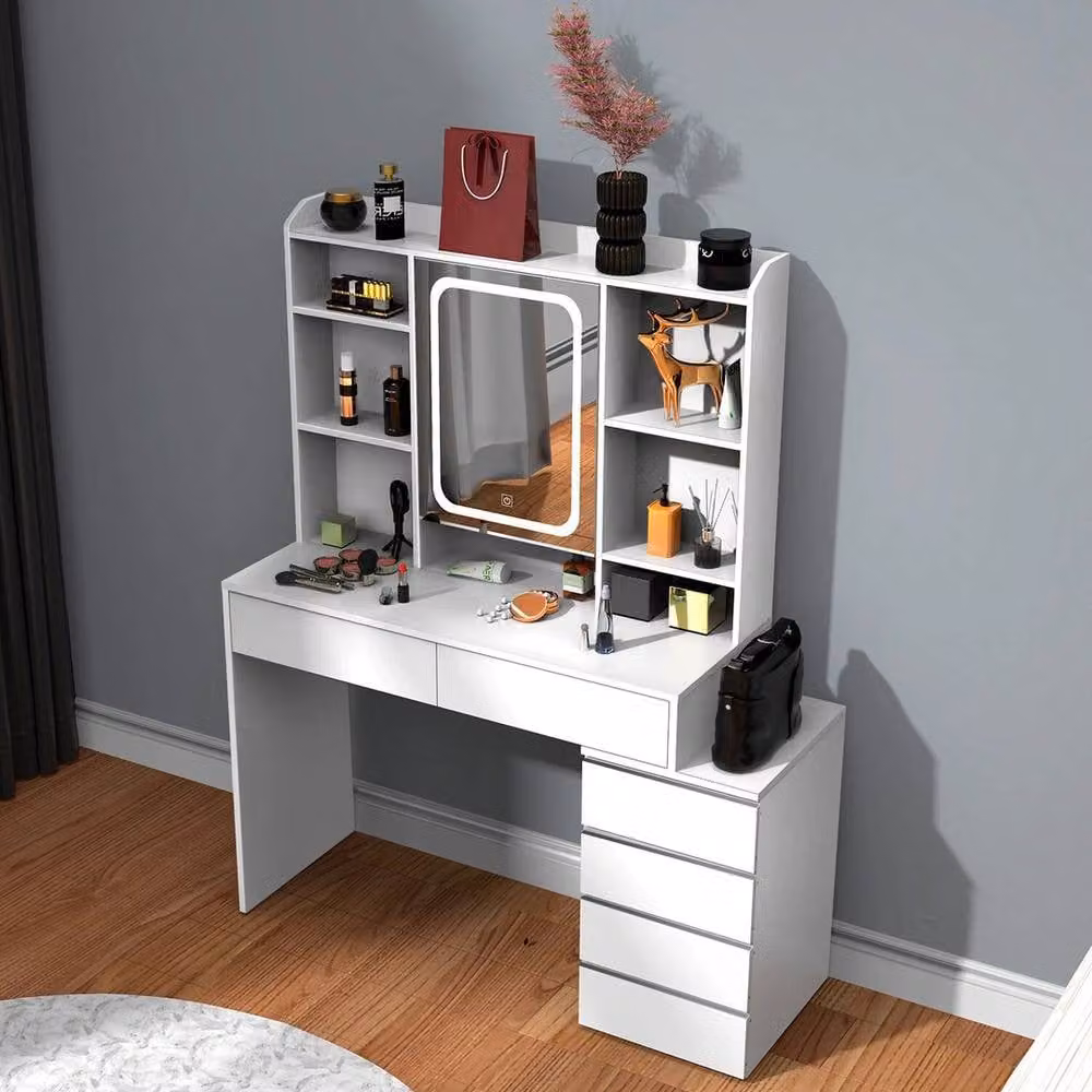 SPETLEK Dressing Table with 6 Drawers and LED Mirror Set in White – 3