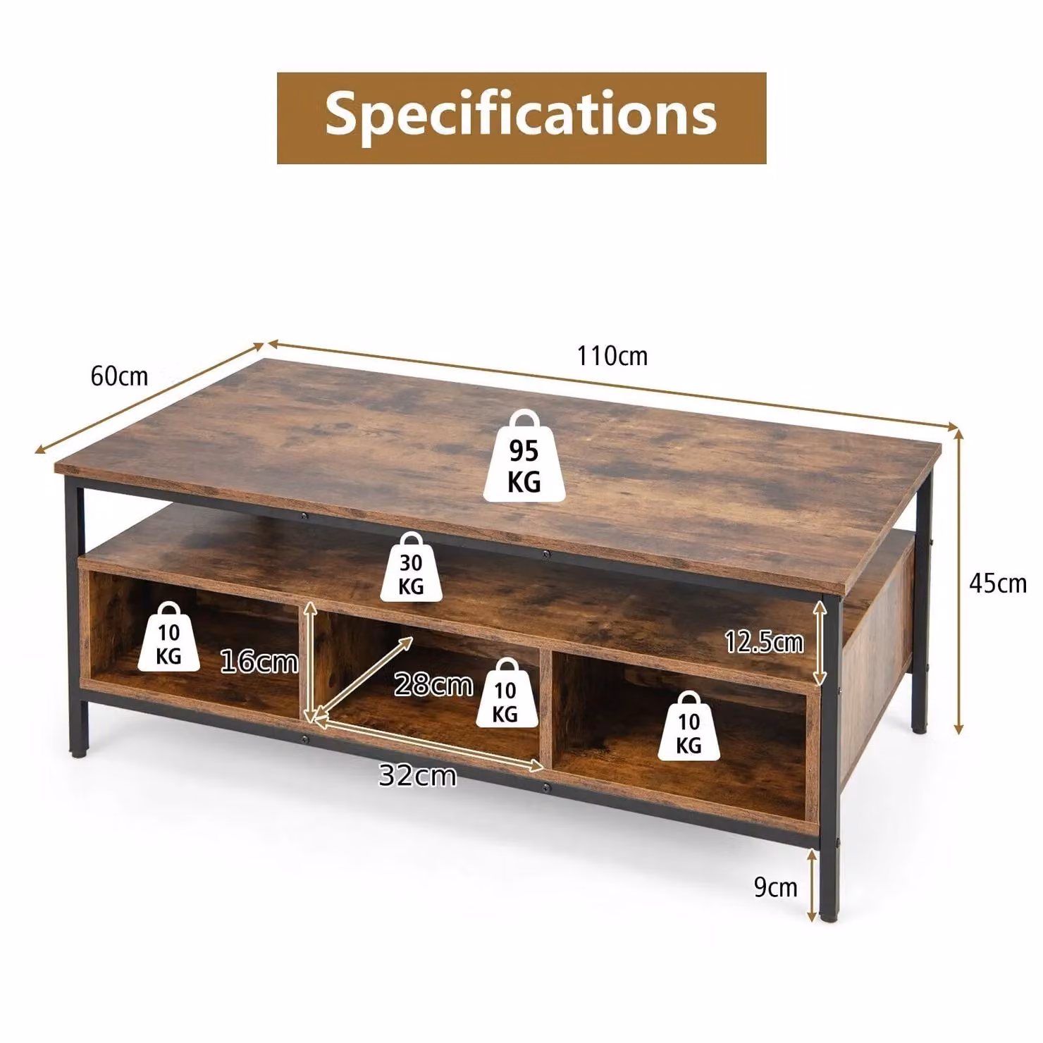 Costway Industrial Wooden Coffee Table with Storage Shelf in Brown – 2