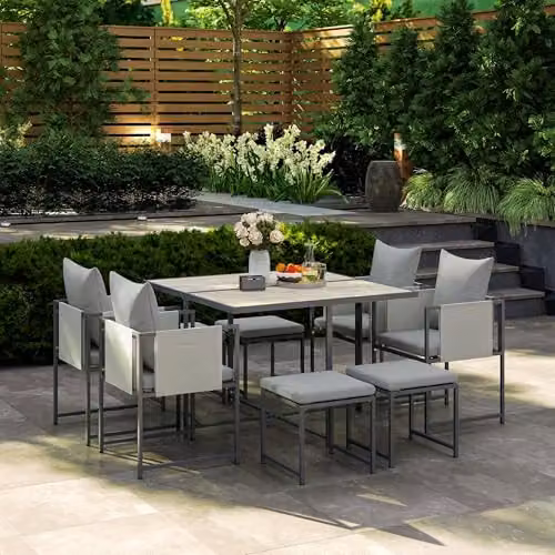 Outsunny 9 Piece Grey Garden Dining Set with 8 Seater Square Plastic Top Table, Chairs and Stools – 5