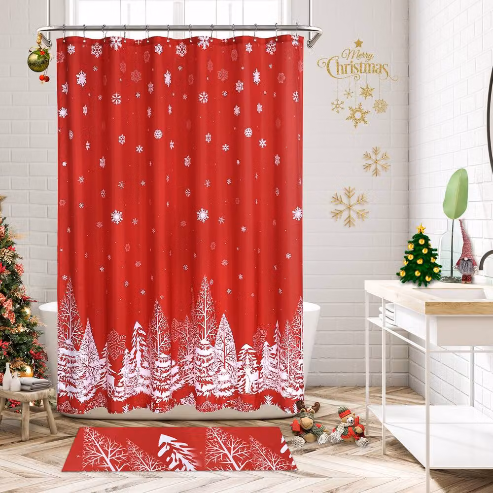 London Boutique Festive Christmas Waterproof Polyester Shower Curtain in Red and White, W/H: 182.88 x 182.88 cm – 2