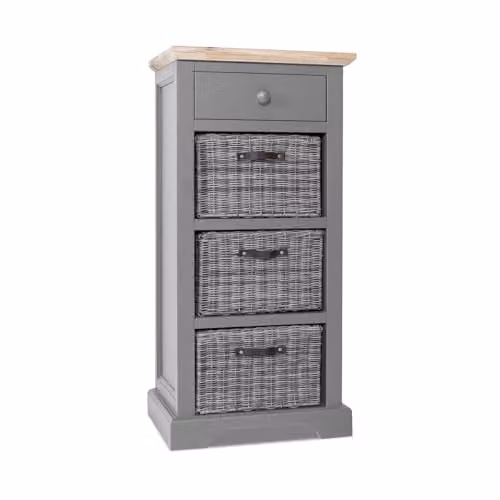 Florence Tallboy Storage Unit with Drawer and 3 Baskets in Dove Grey with Limed Acacia Wood Top, W/D/H: 54 x 42 x 113 cm – 2