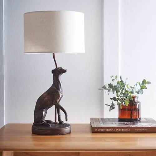 K LIVING Greyhound Antique Copper Resin Table Lamp with Beige Fabric Shade – 1