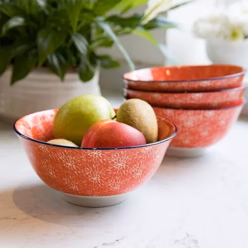KitchenCraft Set of 4 Ceramic Stoneware Bowls with Multicolour Floral Pattern, Red, White and Grey, Diameter: 15.5 cm – 2