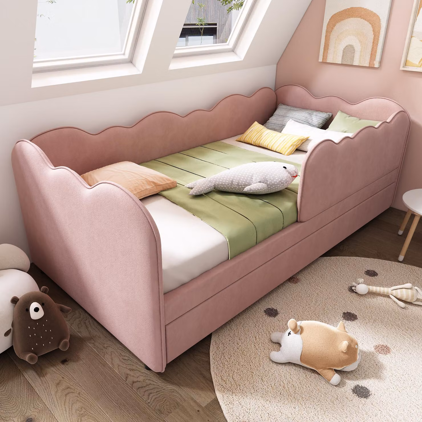 Aosom UK Pink Upholstered Daybed with Pull-Out Trundle and Iron Frame, W/D/H: 197 x 99 x 70 cm – 5