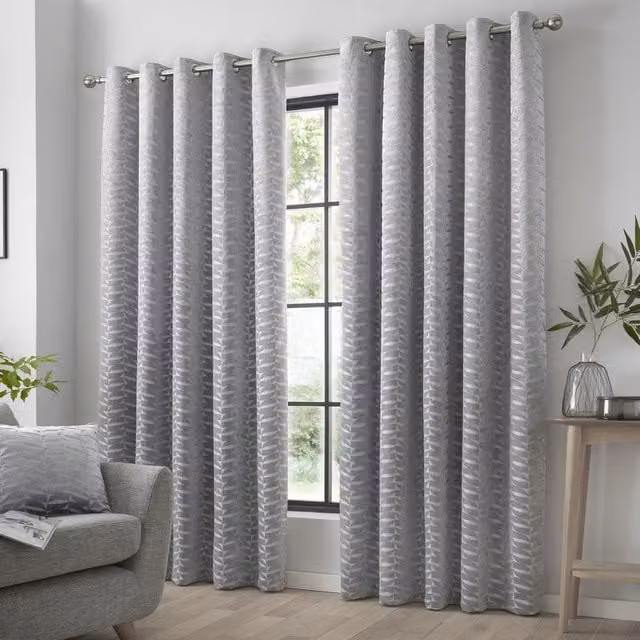 Curtina Kendal Silver Eyelet Curtains with Geometric Leaf Design, Pair of Panels, W: 117 cm, H: 137 cm