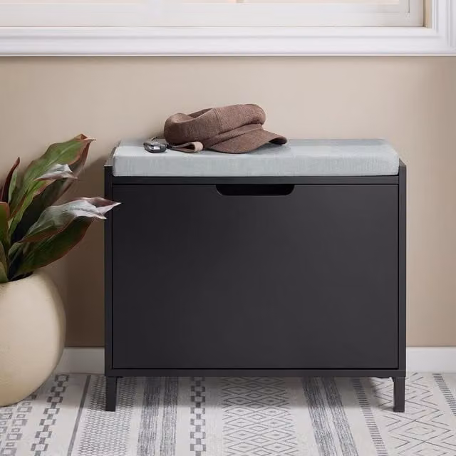 SoBuy Modern Slim Shoe Storage Cabinet with Integrated Seat in Matt Black