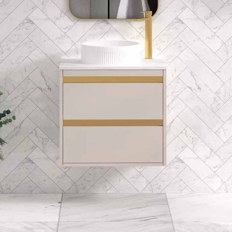 Royal Bathrooms Orion 600mm Warm Taupe Wall Hung Countertop Vanity Unit with 2 Drawers, Round Basin and Brushed Brass Accent Trim