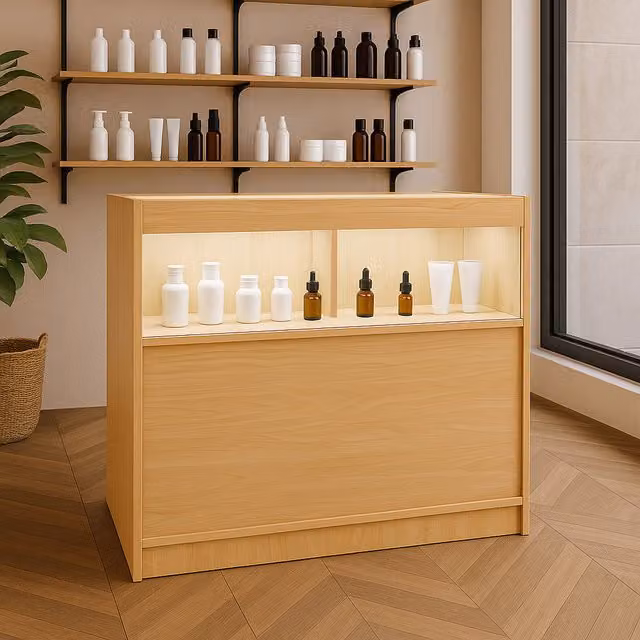 Monster Shop B900 LED Shop Counter in Beige with Glass Doors and Integrated Lighting