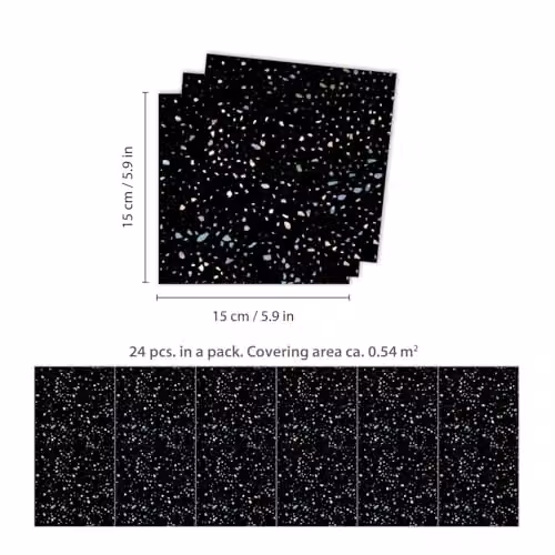 WALPLUS Terrazzo Holographic Glitter Black Self Adhesive Wall Tile Stickers, 24 Pack, W/D/H: 15 x 15 x 0.54 cm – 5