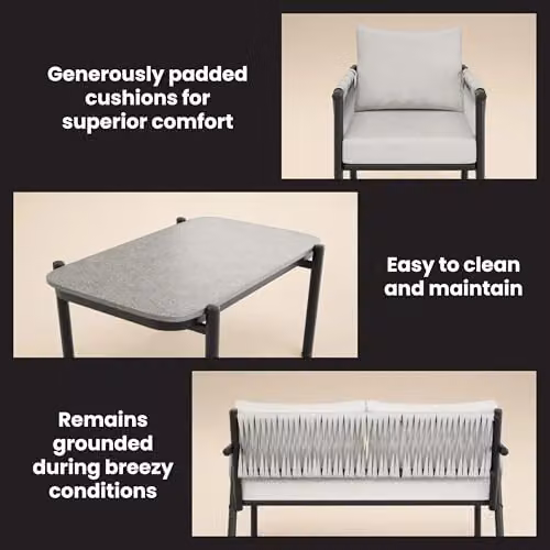Solace+Co Kalina 4 Piece Rattan Garden Furniture Set with 2 Seater Sofa, 2 Armchairs and Coffee Table in Grey and Brown – 4