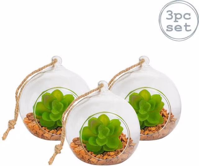 Nicola Spring Pack of 3 Hanging Round Glass Terrariums in Transparent and Yellow