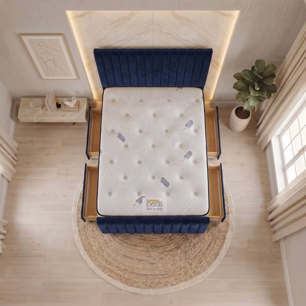 Somnior Eleanor Navy Blue Velvet Upholstered Hybrid Divan Bed with 4 Drawers and Mattress, W/D/H: 120 x 200 cm – 2