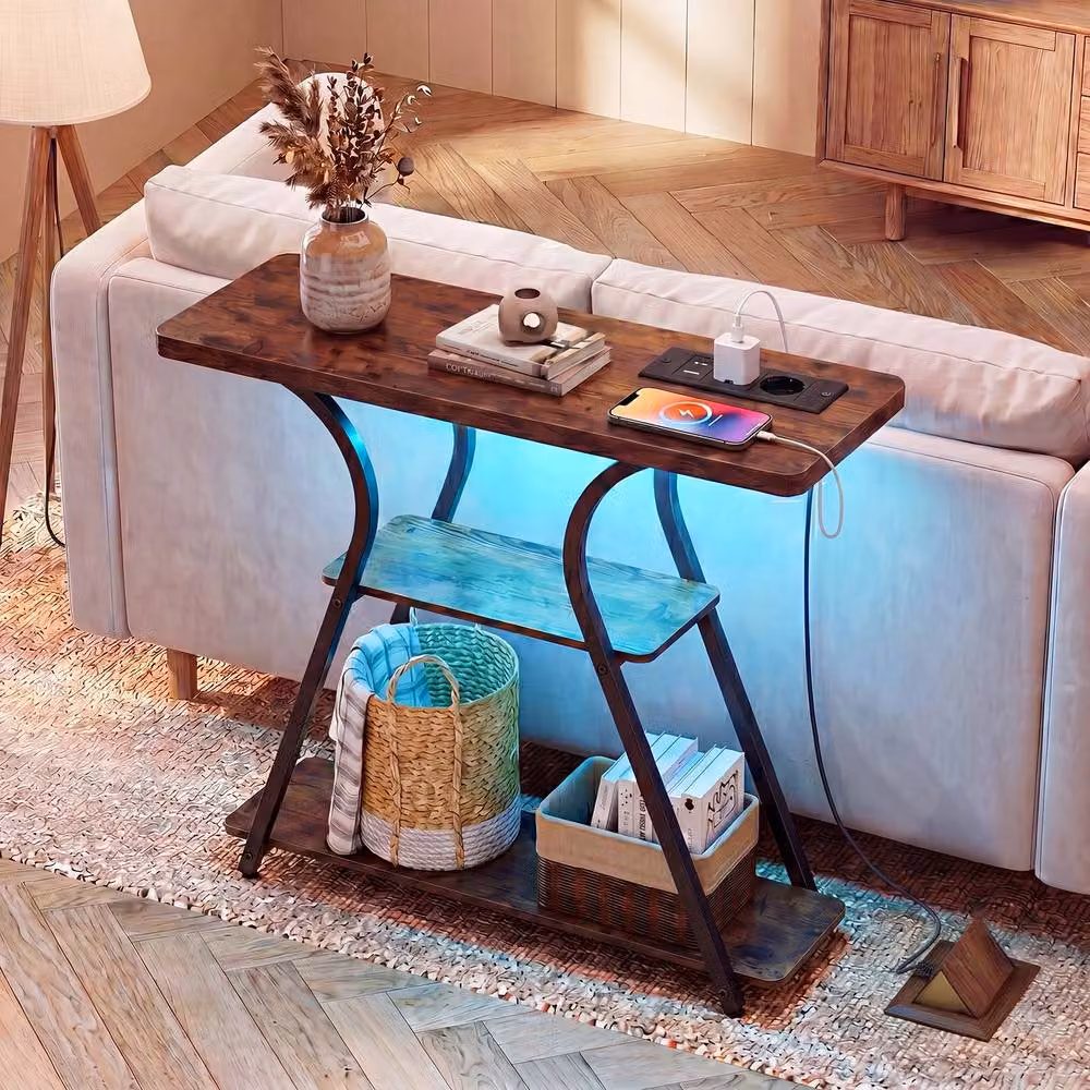 Gymax Industrial Console Table with LED Lights and Power Outlets in Brown – 3