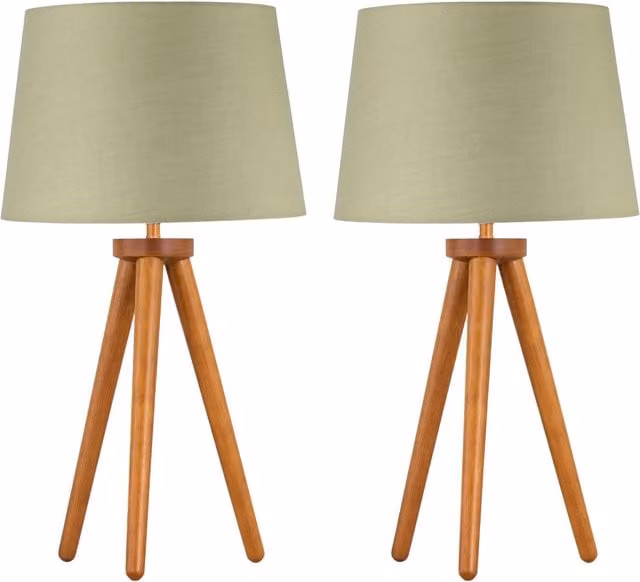 First Choice Lighting Set of 2 Dark Oak Wood Table Lamps with Sage Green Fabric Shades in Brown – 1