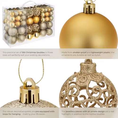 tectake 100-Pack Gold Christmas Baubles with Round Plastic Design for Hanging Ornaments – 6