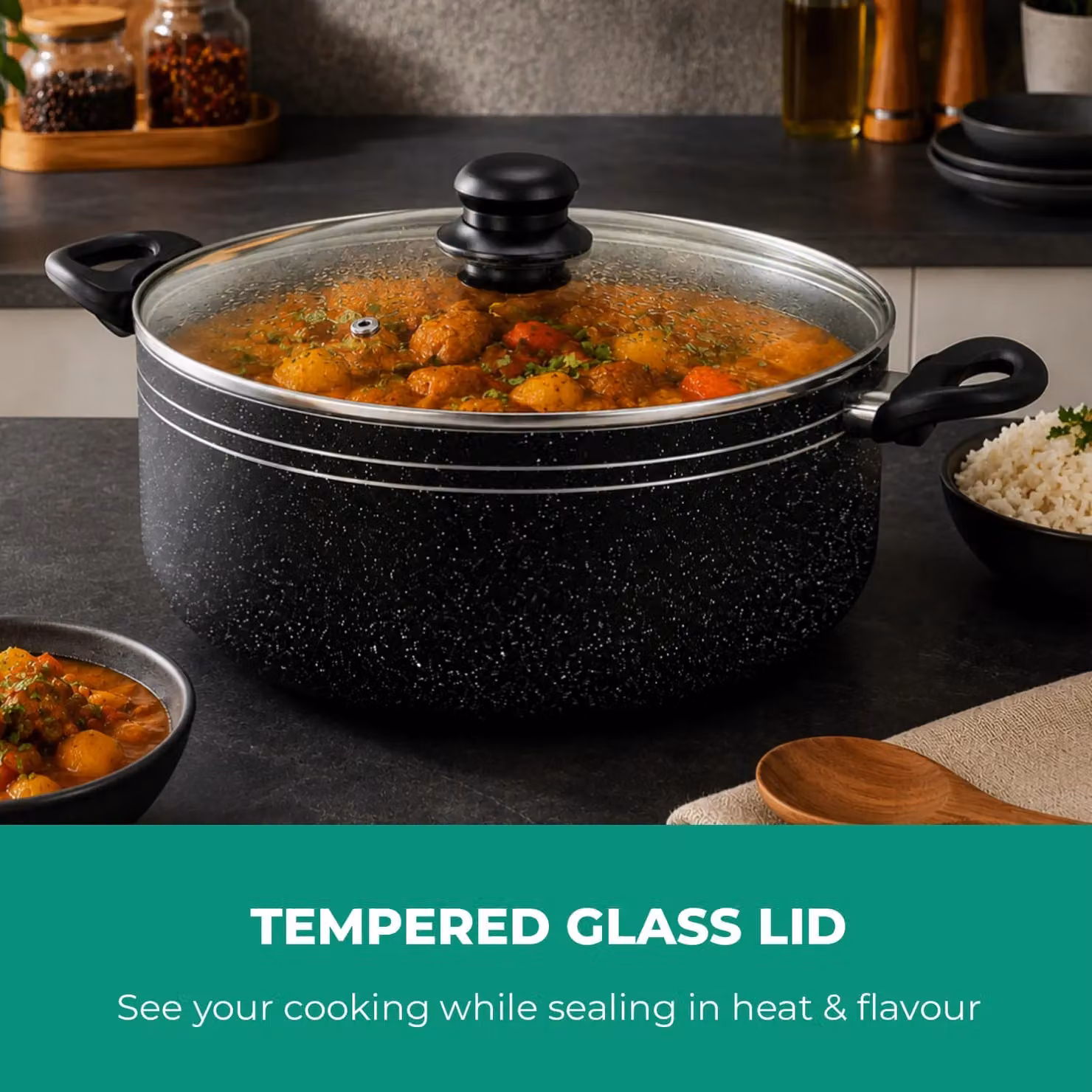 Royalford Non Stick Black Casserole Dish with Tempered Glass Lid – 3
