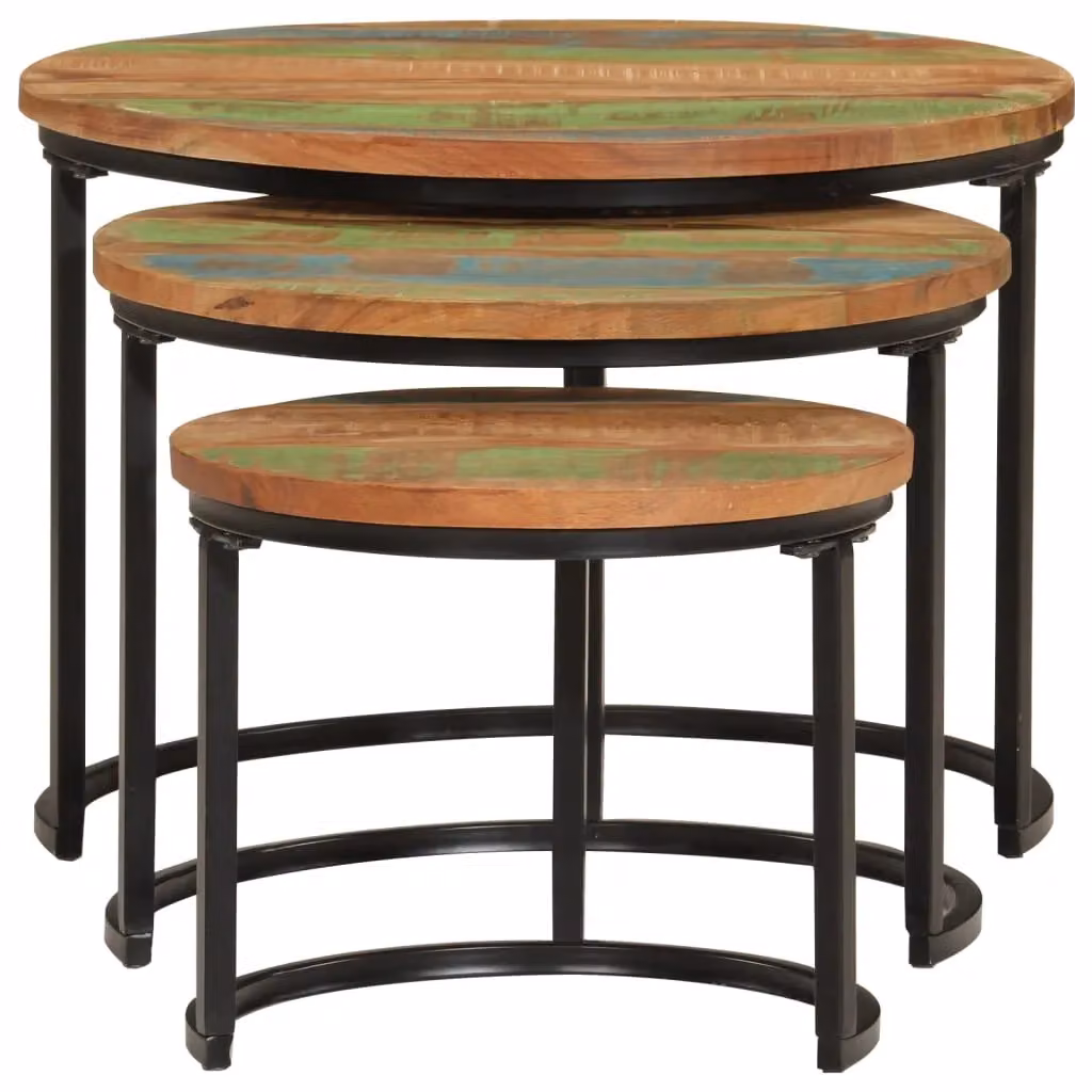 Berkfield Home Set of 3 Round Nesting Tables in Multicolour Reclaimed Solid Wood – 3