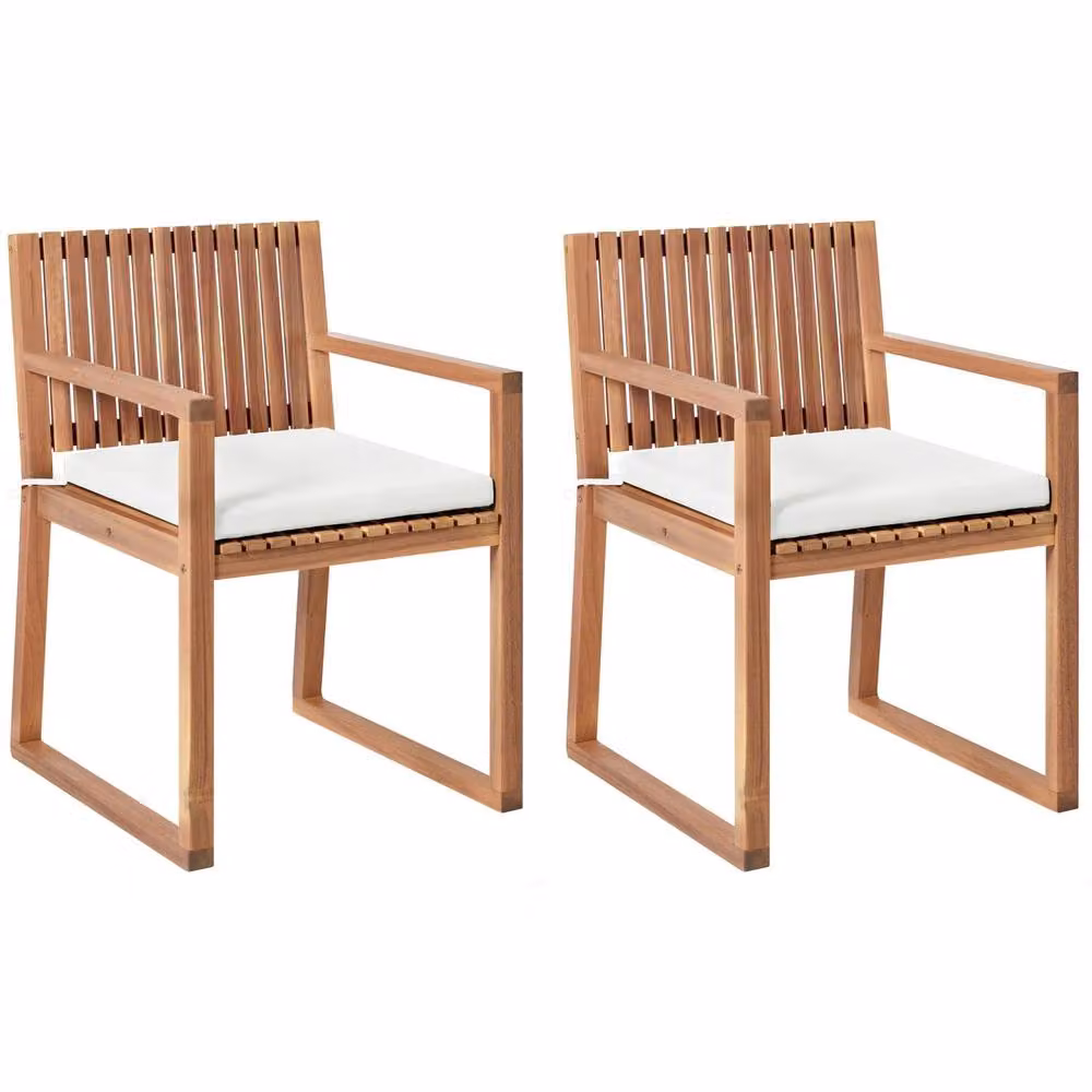 Wyld and Coco Set of 2 Scandinavian Oiled Acacia Wood Garden Dining Chairs with White Cushions W/D/H: 54 x 59 x 80 cm – 2