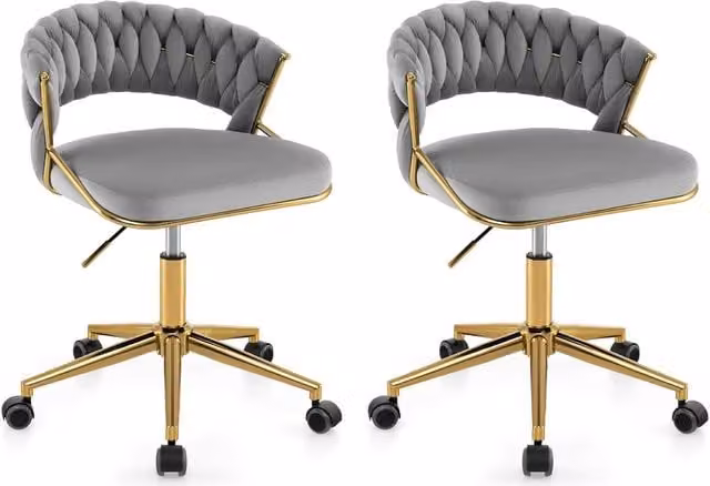 Gymax Hand-woven Grey Modern Vanity Chair with 360 Degree Swivel and Adjustable Height
