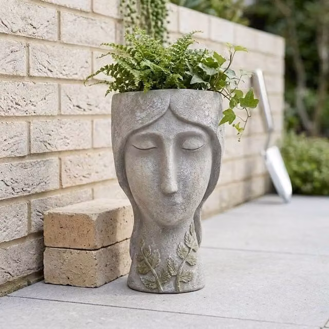 Garden Greatness Modern Lady Head in Hands Tabletop Planter in Grey and Multicolour Stone