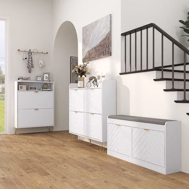 HOMCOM Modern Slim Shoe Cabinet in White with Tilting Compartments and Internal Shelves for Hallways – 1