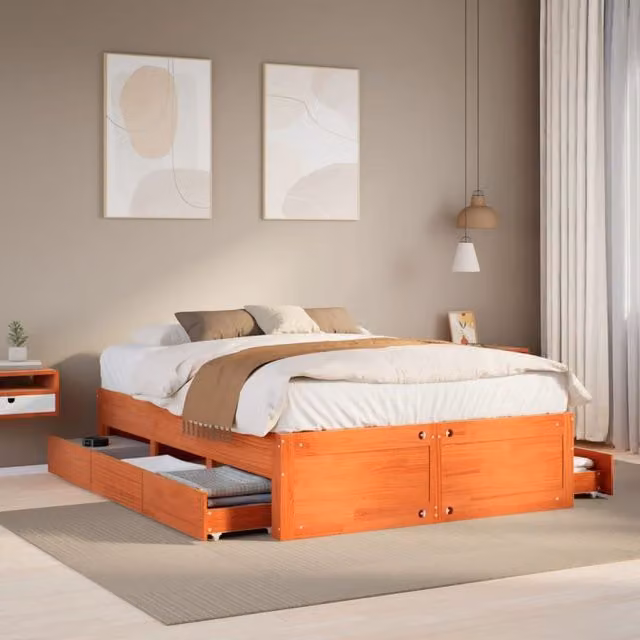Berkfield Home Solid Wood Pine Bed Frame with Drawers, Wax Brown, W/D/H: 140 x 190 cm