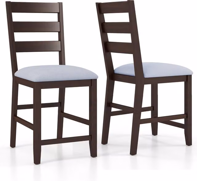 Set of 2 COSTWAY Brown Fabric and Rubberwood Bar Stools with Padded Seats