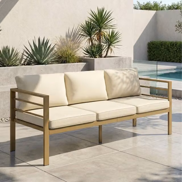 Outsunny Modern 3-Seater Aluminium Garden Bench with Cushions in Beige and White