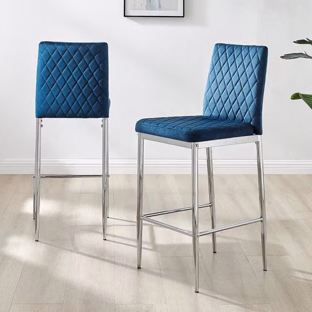 FurnitureboxUK Set of 2 Modern Milan Navy Blue Velvet Bar Stools with Chrome Legs