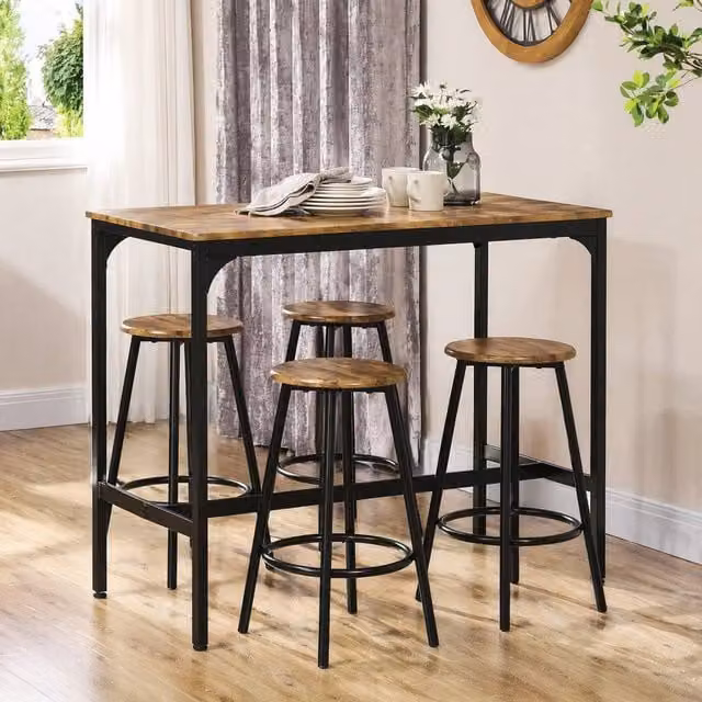STILVORA Bar Table Set with 4 Stools in Rustic Brown and Black Industrial Style – 1