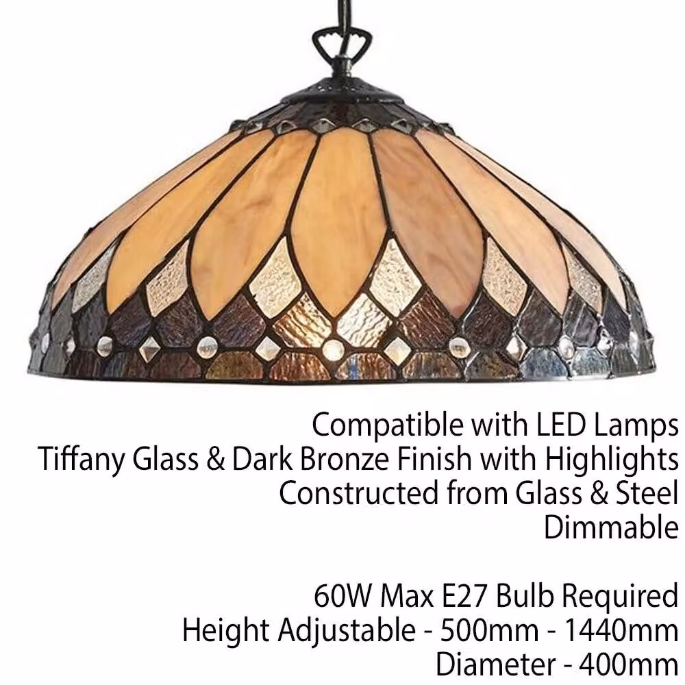 Loops Tiffany Glass Hanging Ceiling Pendant Light in Dark Bronze with Multicolour Transparent Glass, Diameter: 40 cm – 2