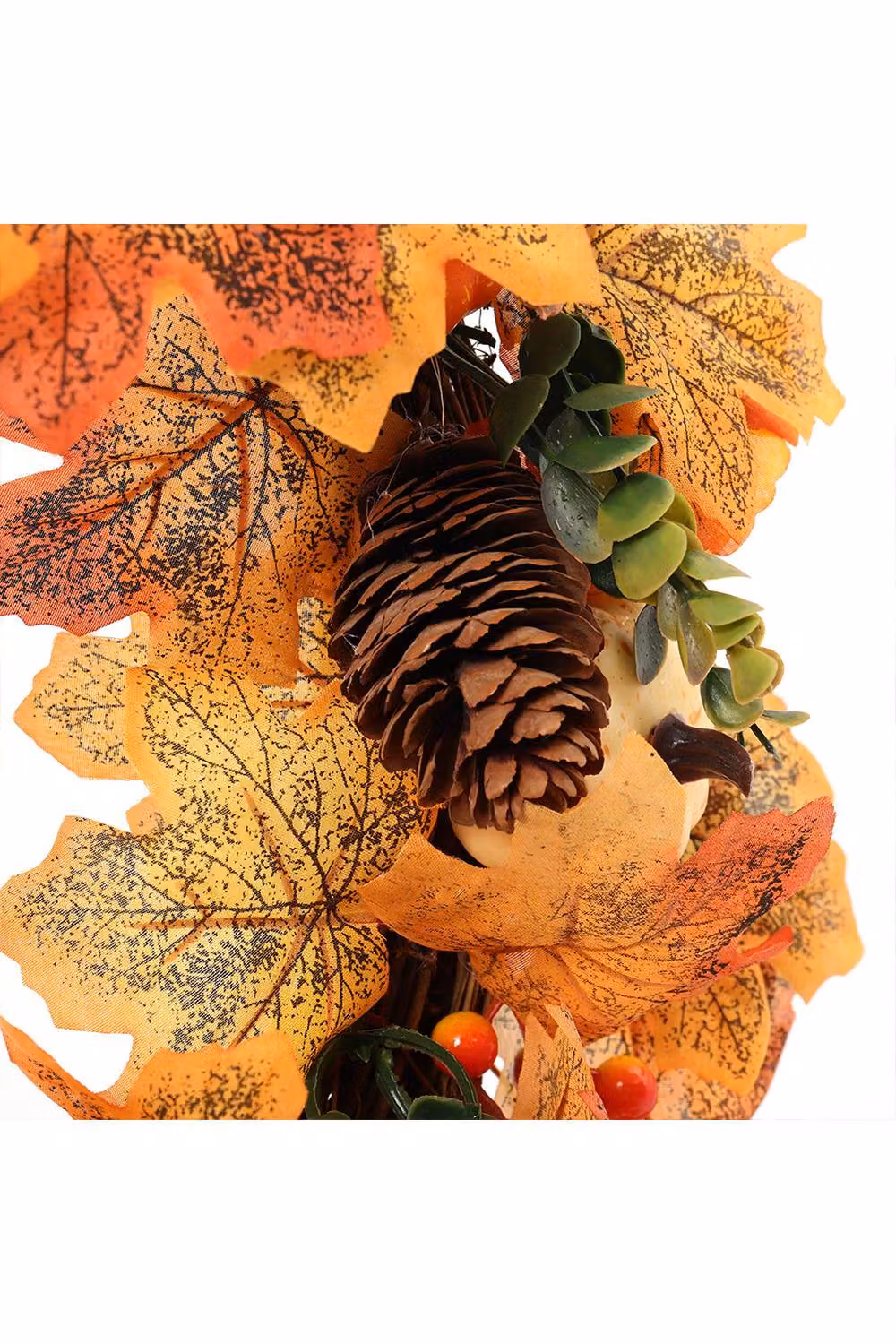 H&O Direct Autumn and Halloween Hanging Front Door Wreath with White and Orange Pumpkins, Leaves and Floral Elements in White, Orange, Red and Green – 6