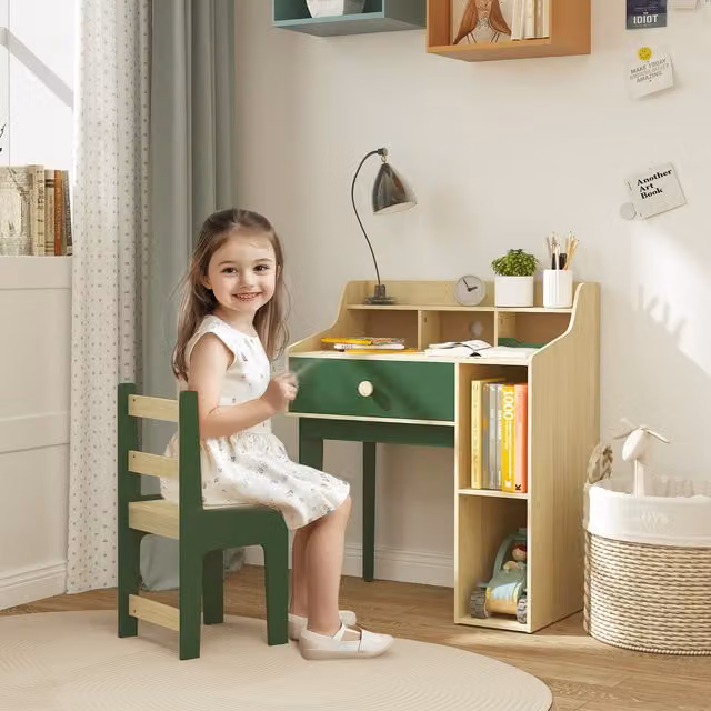 AIYAPLAY Kids Desk and Chair Set with Storage Shelves and Drawer, Green