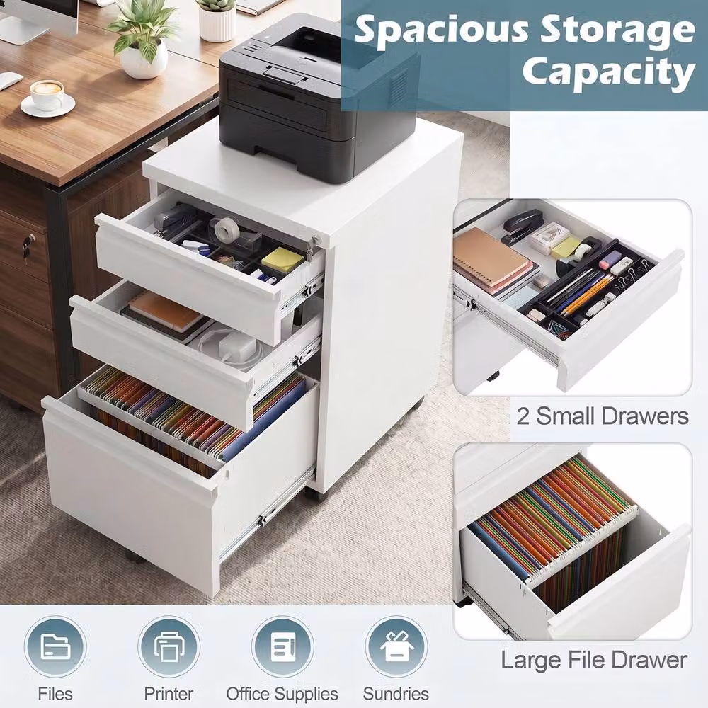 Costway 3-Drawer Mobile Metal Filing Cabinet with Castors and Lock in White – 3
