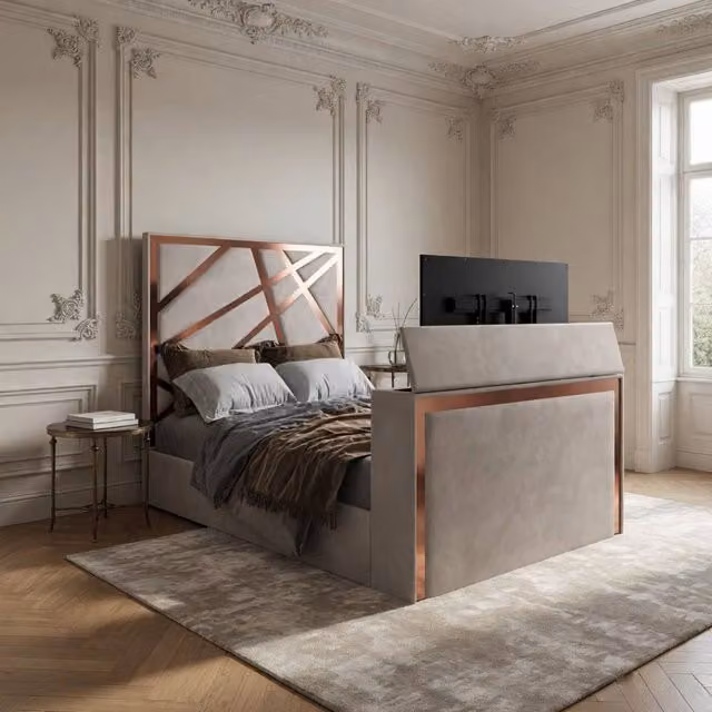 KDMD Ashwell Upholstered Soft Velvet TV Bed Frame in Light Sand, Size: Small Double (W: 120 cm, D: 200 cm)
