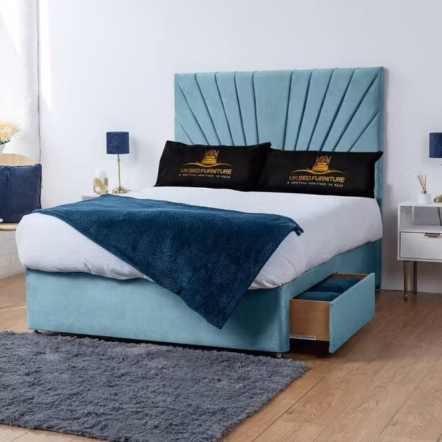 UK Bed Furniture Sunrise Divan Bed with 2 Drawers Same Side and 26 Inch Headboard, Light Blue, Super King, W/D/H: 200 x 200 cm