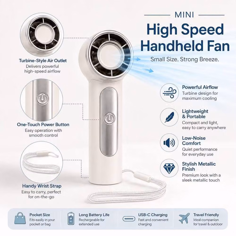 BluCore Mini High Speed Handheld Fan, Portable Rechargeable USB-C Personal Fan in White – 2