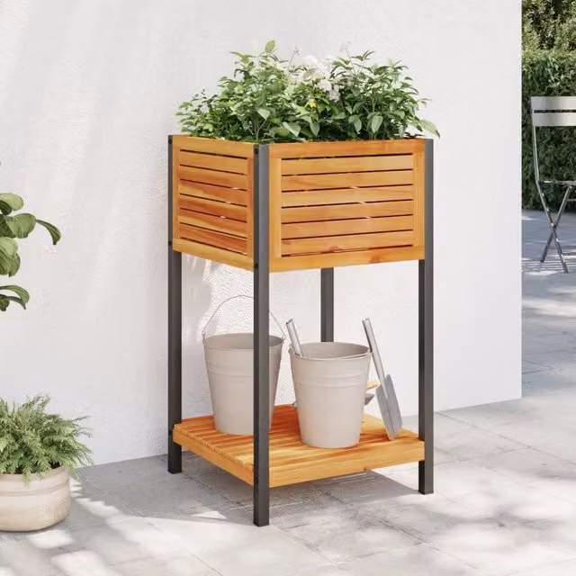 Berkfield Home Garden Planter with Shelf in Brown Acacia Wood and Steel, W/D/H: 45 x 45 x 80 cm – 1