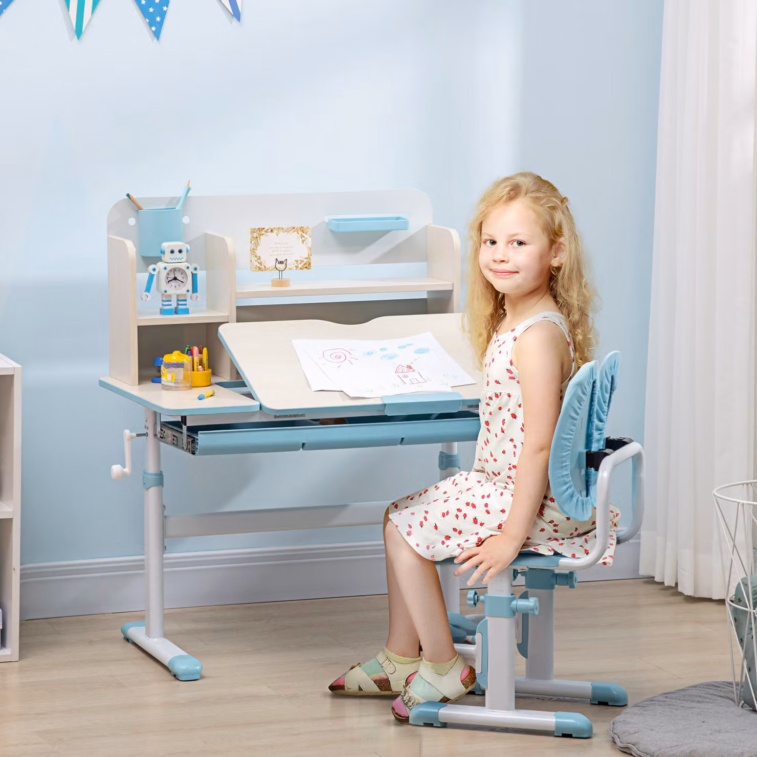 HOMCOM Kids Height Adjustable Desk and Chair Set with Shelf, Blue – 2