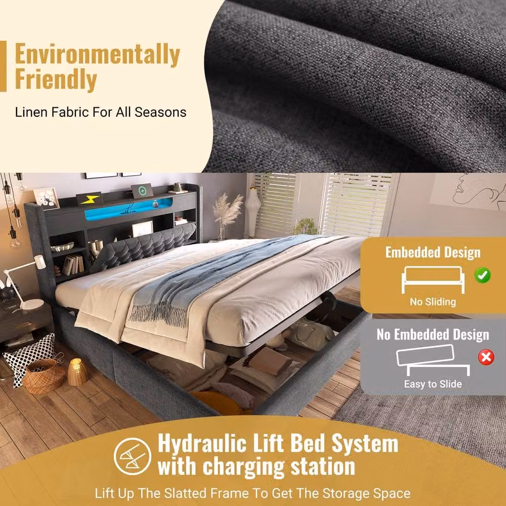 Rolipo Grey Linen King Size Ottoman Bed with Storage, LED Lights and USB Charging Port, W: 150 cm, D: 200 cm – 4