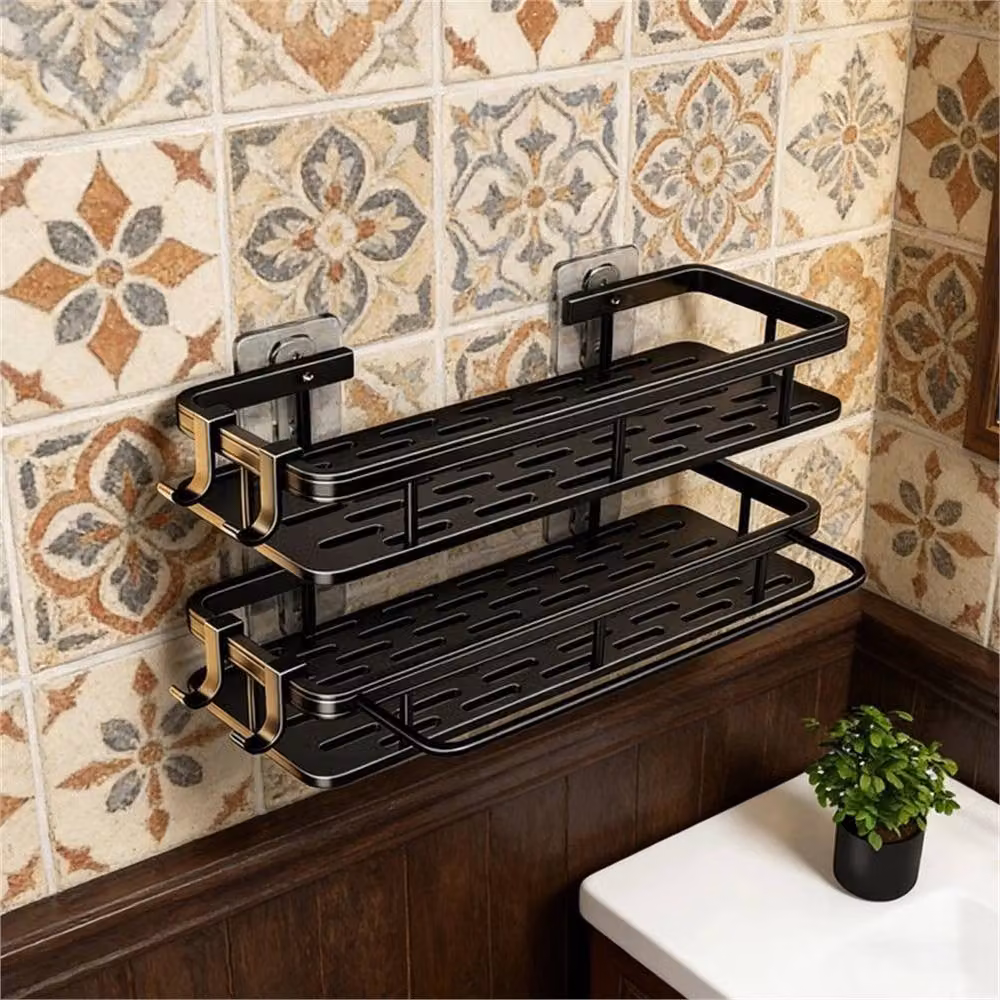Kelvenix 2-Piece No-Drill Adhesive Corner Bathroom Shelf Set in Matt Black – 4