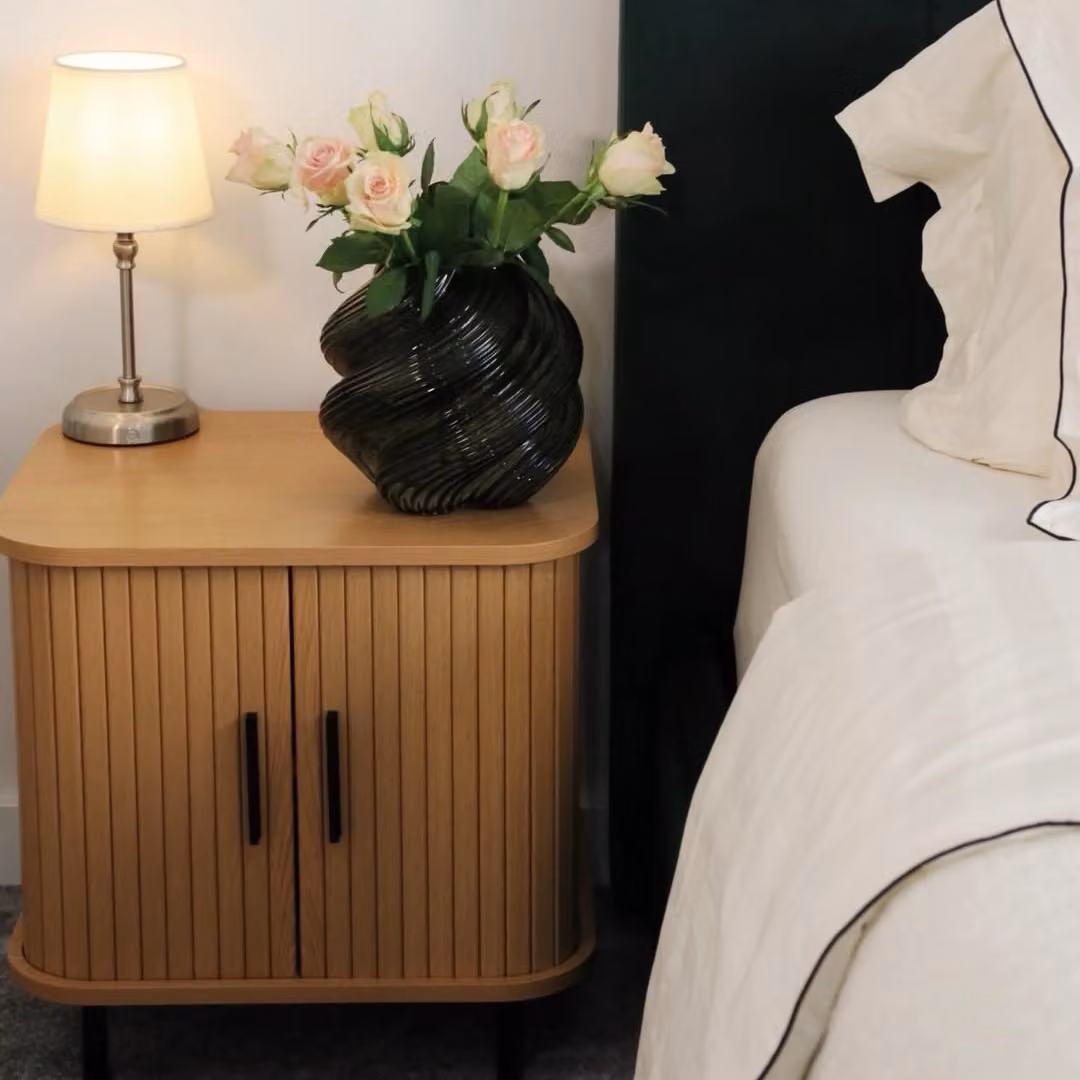 HOMCOM Nordic Bedside Table with Roller Shutter Sliding Doors and Metal Legs in Oak Tone Brown – 5