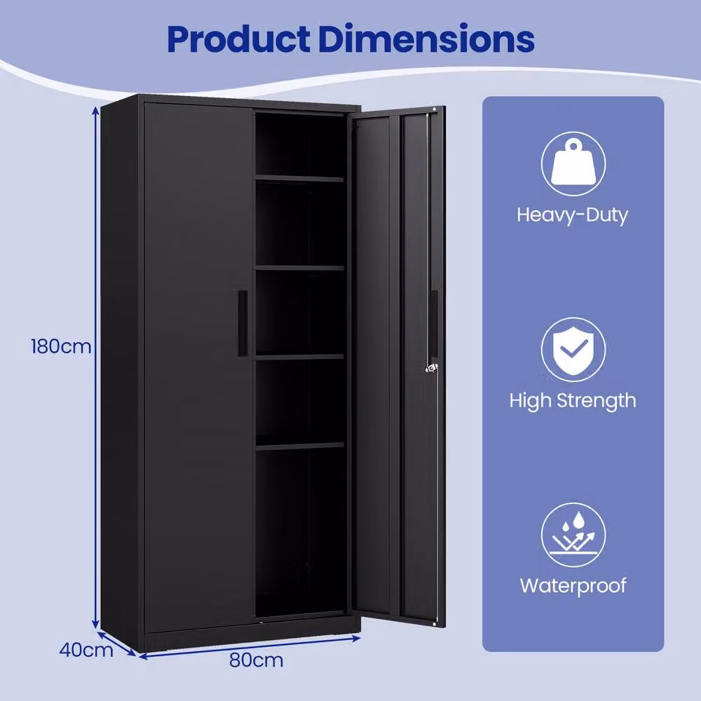 Gymax Lockable 2-Door Steel Tool Cabinet and Pantry in Black, W/D/H: 80 x 40 x 180 cm – 2