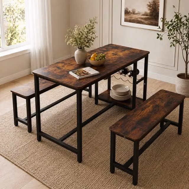 Abrihome 3-Piece Industrial Metal Table and Bench Set in Brown